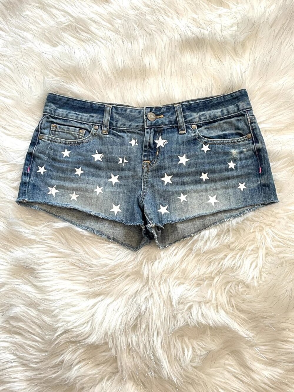 Victoria's Secret PINK Denim Jean Shorts Blue White Stars Cutoff Size 2